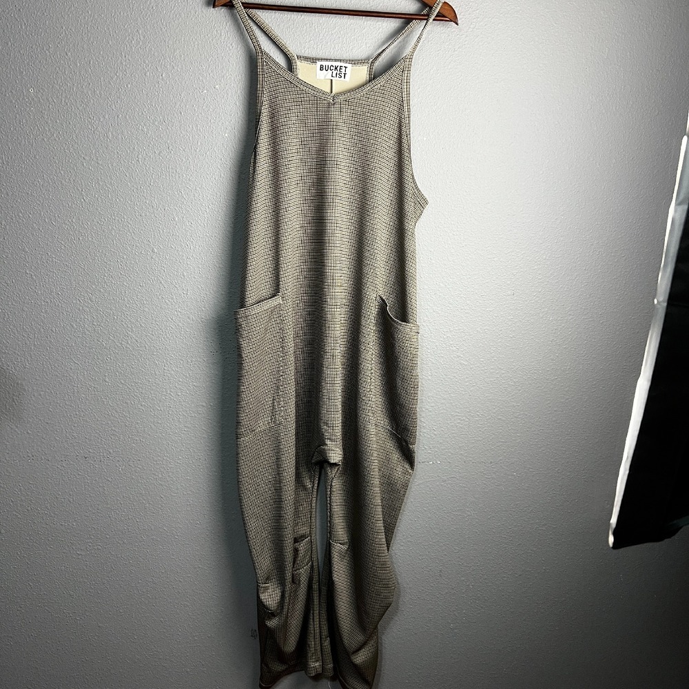 Bucket List Houndstooth Tank Style Knit Jumpsuit Sleeveless Pocket Casual Size M